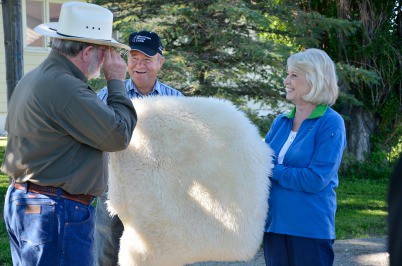 Marie and Bob Lehfeldt show their fine Rambouillet wool to Larry Butler, producer of Out on the Land TV