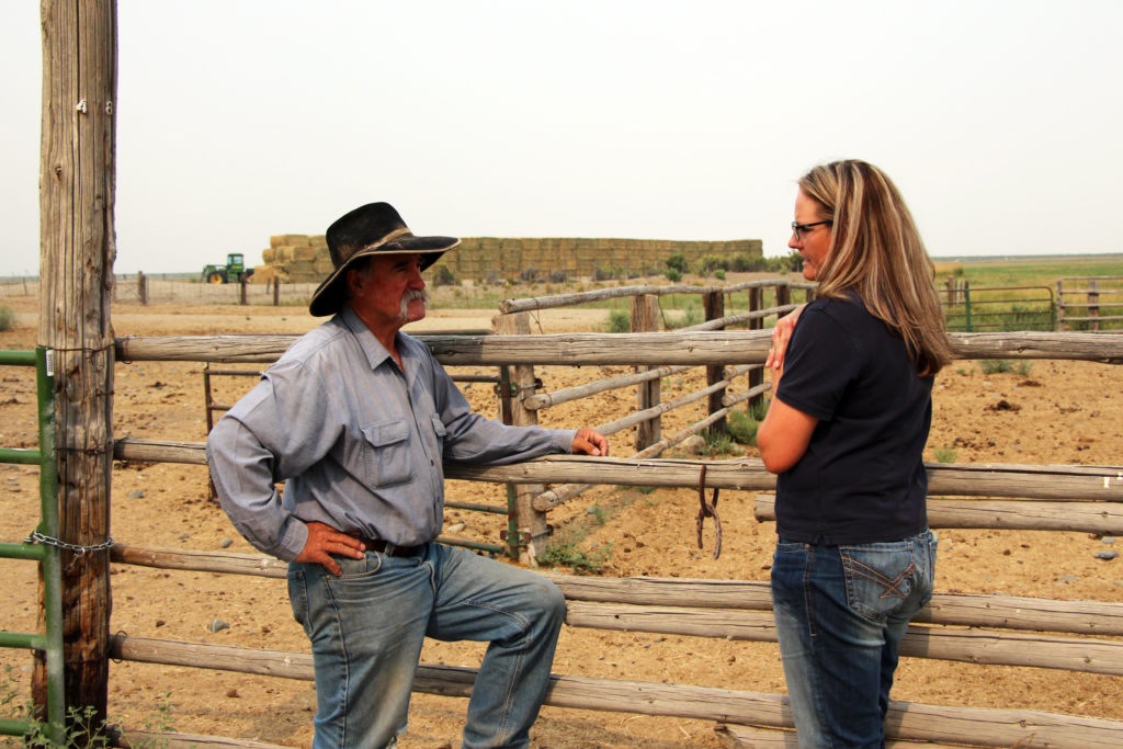 Leah Mori talking with rancher Tim Dufurrena, manager of Quinn River Crossing Ranch in Denio, Nevada.