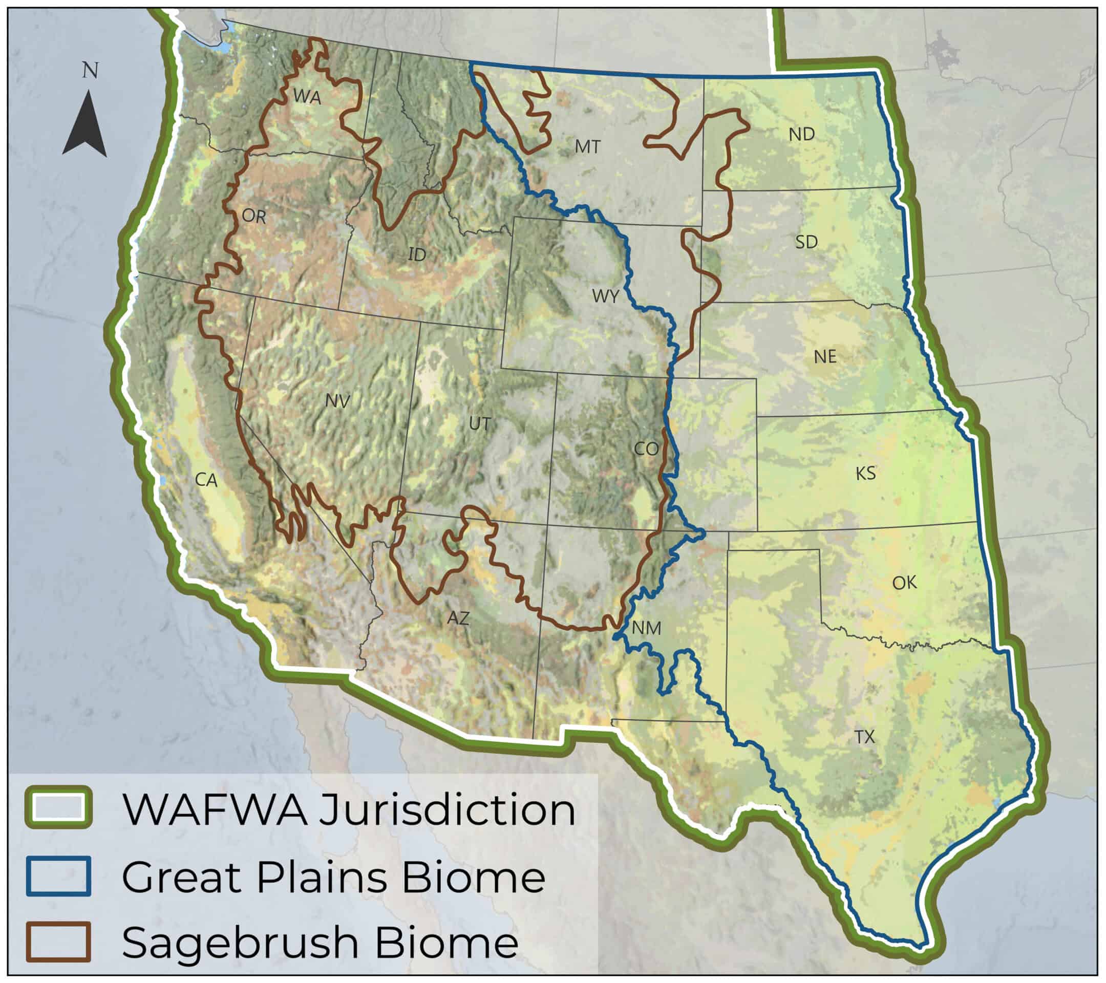 Map showing overlap between WAFWA Jurisdiction and the Great Plains and Sagebrush Biomes